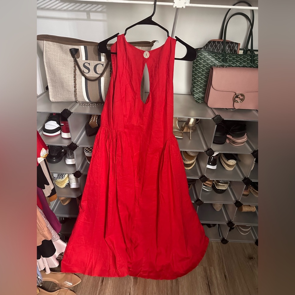 Commense Cotton & Linen Pleated Cutout Long Dress in Red. Size medium.